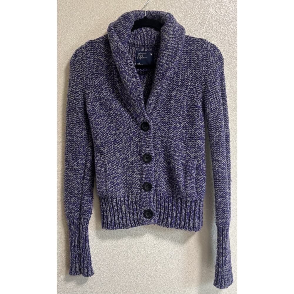 Chunky Knit Cardigan Purple Gray Wool/Rabbit Hair Blend AMERICAN EAGLE Size S